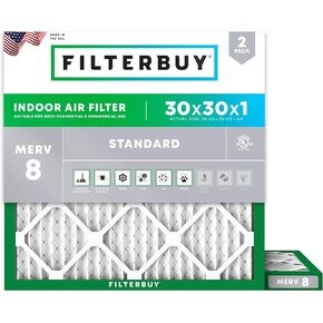 Filterbuy 30x30x1 Air Filter MERV 8 Dust Defense (2-Pack), Pleated HVAC AC Furnace Air Filters Replacement (Actual Size: 29.50 x 29.50 x 0.75 Inches)