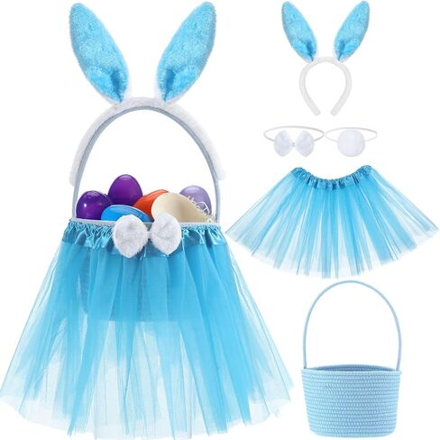 Tutu Easter Baskets Easter Costume Ruffled Tulle Fluffy Ears and Bunny Headband Bow Tie Tail Party Favors Gift for Girls DIY Egg Playset Decorations(Pink) in Kuwait