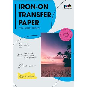 PPD Iron on Transfer Paper for Inkjet Printer for Light Fabric, 8.5 x 11 Printable Paper for Clothing, T Shirts and Cotton Textiles, Print and Cut Heat Transfer, DIY at Home, Washable (20 Sheets)