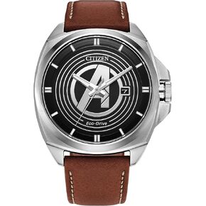 Citizen Men's Eco Drive Classic Avengers Marvel, 3 Hand Stainless Steel, Brown Leather Strap Watch (AW1721-08W)