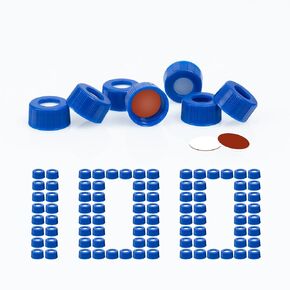 HPLC 9-425 Screw Thread Vial Blue Caps, 2ml autosampler vial caps, 9mm, Red PTFE/White Silicone Septa, 100 pcs/pk by Pekybio