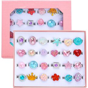 pasemm 24pcs حلقات جوهرة فتاة صغيرة، قابل للتعديل، لا ازدواجية لعب الأطفال في المربع، التظاهر اللعب واللباس خواتم ل4-12 سنة فتاة عمرها هدايا عيد الميلاد، 3 4 5 6 7 8 9 10 11 12 سنة حلقات لعبة فتاة ل أطفال
