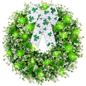 Sggvecsy 17.7’’ St. Patrick's Day Shamrocks Wreath for Front Door with 30 Green Lights Artificial Greenery Clover Wreath for Irish St. Patrick's Day Decoration Wall Window Indoor Outdoor Home Decor