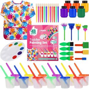 J MARK Toddler Painting Set – 32 Piece Complete Toddler Paint Set, Spill Proof Paint Cups for Kids, Washable Paint for Toddlers, Smock, Brushes and More