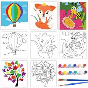 Aosemili Acrylic Paint Set for Kids - 4 Pre-Stenciled Painting Canvas Panels 8 x 8 inches with 12 Paints 2 Brushes for Girls Boys and Beginners