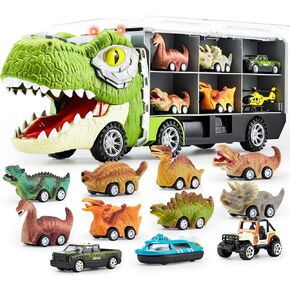JOYIN 13 in 1 Dinosaur Toys for Kids 3-5, Dinosaur Truck with 12 Pull Back Cars, Dinosaur Cars Set, Birthday Gifts Toys for 3 4 5+ Year Old Boy, Transport Carrier Truck for Toddlers 3-4 Years