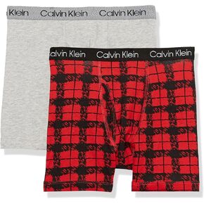 Calvin Klein Little Boy's Kids Modern Cotton Assorted Boxer Briefs Underwear, Multipack, 2 Pack - Blue Statement Print, Heather Grey, 8-10