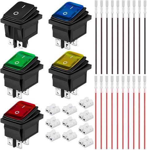 5 قطع مفتاح الروك AC 16A/250V 20A/125V DPST تشغيل/إيقاف زر ضغط صغير 5 ألوان (أسود/أحمر/أخضر/أصفر/أزرق) 4 دبوس 2 موضع مفتاح تبديل LED مع سلك تجعيد، موصل سلك in Kuwait