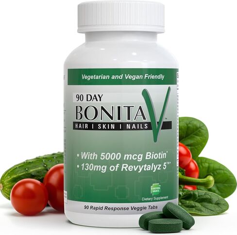 Bonita V Vegan Hair Nails and Skin Vitamins for Women - 20 Active Ingredients Including Biotin, Revytalyz 5 - Stronger Nails, Healthy Skin, Hair Growth Vitamins - 90 Veggie Tablets in Saudi Arabia