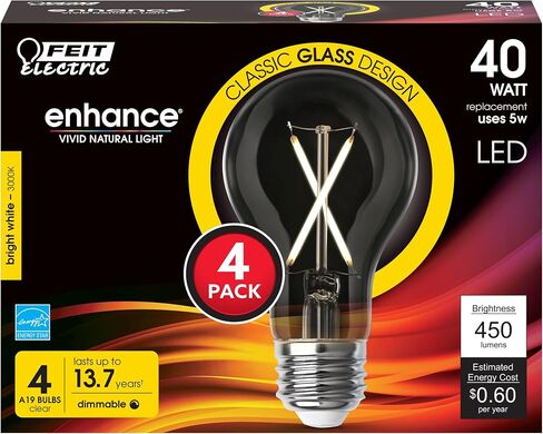 لمبة إضاءة Feit Electric LED Clear A19 متوسطة الحجم - ما يعادل 60 وات - عمر 15 عامًا - 810 لومن - 2700 كلفن أبيض ناعم - قابل لتعديل الضوء | 4 حزمة in Kuwait