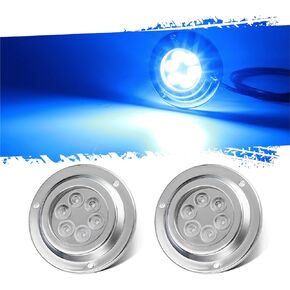 Partsam 2Pcs Blue 6LED Round Underwater Boat Lights, Transom Light for Yachts Boats Sailboat Pontoon, IP68 Waterproof, Stainless Steel housing, Surface Mount, 12V-24V