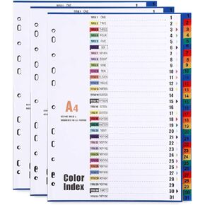 31-Tab A4 Plastic Binder Dividers, Multicolor Index Tabs, Reinforced 11-Hole Fits Most 2/3/4 Ring Binder, Number Tabs Binder Dividers, 3 Set
