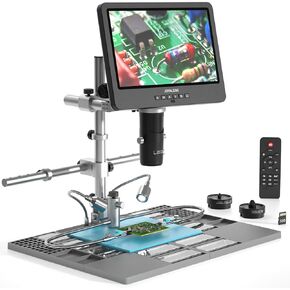 JL249MS Plus 10.1'' HDMI Digital Microscope with Soldering Station, 3 Lens Digital Microscope 2000x, 24MP Soldering Microscope, Pro Metal Stand for Electronics Repair, Extension Base, Solder Mat, 32G