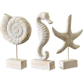 3Pcs Modern Wood Sculpture Home Decor Statue Starfish Conch Seahorse Figurines Beach Nautical Style Table Sculptures Home Decor