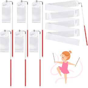 White Gymnastics Ribbon Rhythmic Dancing Streamers Praise Ribbon Dancer Wand Twirling Baton for Adults Kids Ribbon Streamers for Talent Shows Artistic Dancing (6 Pieces)