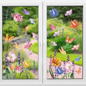 8 Sheets Easter Tulip Flower Butterfly Window Clings,Large Size Spring Window Stickers for Glass Windows Kitchen Home Classroom Office Shop Display Decoration Party Supplies