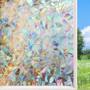 Window Privacy Film Rainbow Window Clings Decorative, Static Cling Window Stickers UV Blocking Non Adhesive Door Window Covering, 3D Pebbles Stained Glass Window Films (17.5X 78.7 inches)