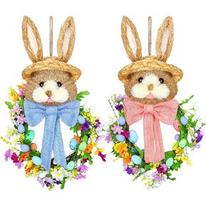 2 Pcs 18.1"x 11.4" Easter Bunny Wreath with Colorful Eggs Artificial Easter Wreath Mixed Flowers Green Leaves Hanging Bunny Shaped Wreath with Straw Hat and Bow for Front Door Wall Indoor Home