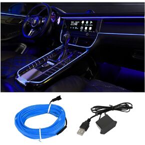 EL Wire Interior Car LED Strip Lights, USB 5V Auto Neon Light with Sewing Edge, 16FT Glowing Ambient Light for Car Garden, Car Accessories Electroluminescent Decoration (Blue)