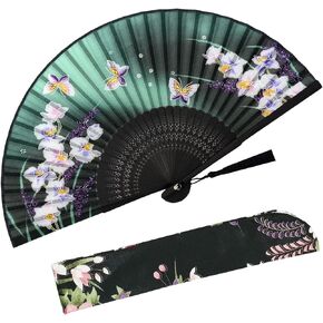 Zolee Folding Hand Fan for Women - Foldable Chinese Japanese Vintage Bamboo Silk Fan - for Hot Flash, Dance, Performance, Decoration, Party, Gift (Black Thatch Flowers) 08