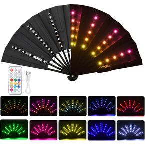 Party LED Glowing Colorful Chinese Hand Held Folding Fan with Remote Control Stage Performance Show Light Up Fan Birthday Party Dance Gift Wedding Night Bar Club Fluorescent Props, Multicolor
