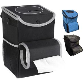 سلة مهملات السيارة مع غطاء - 3.5 جالون من علب قمامة السيارات مع بطانة قابلة للإزالة مانعة للتسرب، حامل مناديل قابل للتعديل وجيوب تخزين، سلة مهملات السيارة قابلة للطي ذات سعة كبيرة (أسود) in Kuwait