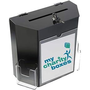 صندوق الاقتراع الأكريليك الخاص بمجموعة تبرعات MCB مقاس 9 × 8 بوصة مع مساحة عرض 8 × 3.75 بوصة يأتي مع جيبين بحجم بطاقة العمل وقفل مع مجموعة من المفاتيح (أسود)