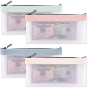 4pcs Clear Money Bags with Zipper, Transparent Cash Budget Envelopes Bank Deposit Pouch Money Organizer for Collectors Colorful Coin Purse Check Wallet Holder for Budgeting(4 Colors)