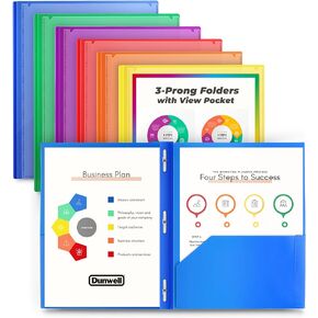 Dunwell 3 Prong Folders with Clear Front Pocket - (6 Vibrant Colors) 2 Pocket Folders with Prongs and Front View Pocket, Plastic Project Folders with Pockets and Prongs, Three Prong Folders, Labels