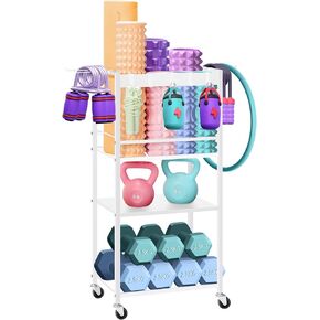 Home Gym Storage Rack, Heavy Duty Yoga Mat Holder Workout Equipment Storage Organizer Weight Rack with Hooks & Wheels for Dumbbells Kettlebells Dumbbell Yoga Block Foam Rollers Yoga Strap Resistance Bands, Fitness Exercise Equipment