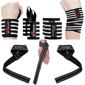 Knee Wraps + Wrist Wraps + Weight Lifting Straps Bundle (3 Pairs) for Weightlifting Bodybuilding Strength Training Workout Gym, Fitness Protective Set for Men & Women