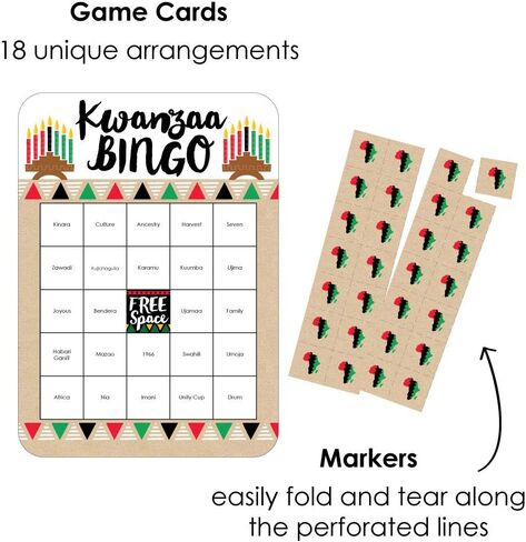 Big Dot of Happiness Happy Kwanzaa - بطاقات وعلامات بينجو - لعبة بينجو لحفلات العطلات التراثية الأفريقية - مجموعة من 18 قطعة in Saudi Arabia