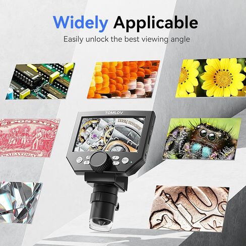 TOMLOV مجهر رقمي 4.3 بوصة شاشة LCD عالية الدقة، مكبر عملة 10.0 ميجابكسل، كاميرا ستيريو تكبير 1-1000X، 8 مصابيح LED قابلة للتعديل، بطارية طويلة الأمد، بطاقة SD سعة 32 جيجابايت متضمنة - موديل DM4 Lite in Kuwait