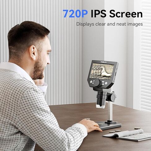 TOMLOV مجهر رقمي 4.3 بوصة شاشة LCD عالية الدقة، مكبر عملة 10.0 ميجابكسل، كاميرا ستيريو تكبير 1-1000X، 8 مصابيح LED قابلة للتعديل، بطارية طويلة الأمد، بطاقة SD سعة 32 جيجابايت متضمنة - موديل DM4 Lite in Kuwait