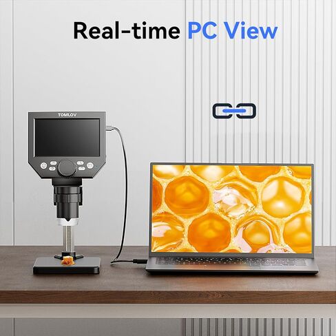 TOMLOV مجهر رقمي 4.3 بوصة شاشة LCD عالية الدقة، مكبر عملة 10.0 ميجابكسل، كاميرا ستيريو تكبير 1-1000X، 8 مصابيح LED قابلة للتعديل، بطارية طويلة الأمد، بطاقة SD سعة 32 جيجابايت متضمنة - موديل DM4 Lite in Kuwait