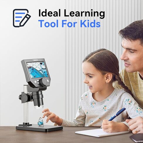 TOMLOV مجهر رقمي 4.3 بوصة شاشة LCD عالية الدقة، مكبر عملة 10.0 ميجابكسل، كاميرا ستيريو تكبير 1-1000X، 8 مصابيح LED قابلة للتعديل، بطارية طويلة الأمد، بطاقة SD سعة 32 جيجابايت متضمنة - موديل DM4 Lite in Kuwait