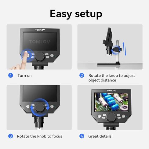 TOMLOV مجهر رقمي 4.3 بوصة شاشة LCD عالية الدقة، مكبر عملة 10.0 ميجابكسل، كاميرا ستيريو تكبير 1-1000X، 8 مصابيح LED قابلة للتعديل، بطارية طويلة الأمد، بطاقة SD سعة 32 جيجابايت متضمنة - موديل DM4 Lite in Kuwait