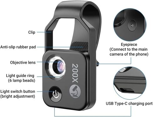 Phone Microscope with CPL Lens & LED Light & Universal Clip, 200X Pocket Microscope, Compatible with Most Smartphones in Saudi Arabia
