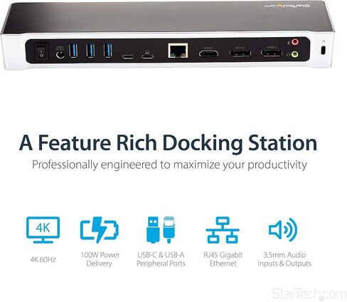 محطة إرساء الكمبيوتر المحمول العالمية StarTech.com، قاعدة توصيل USB-C/USB-A هجينة، Dual 4K DP/HDMI، 60 وات PD، Mac/Windows/Chrome OS، NIC in Kuwait