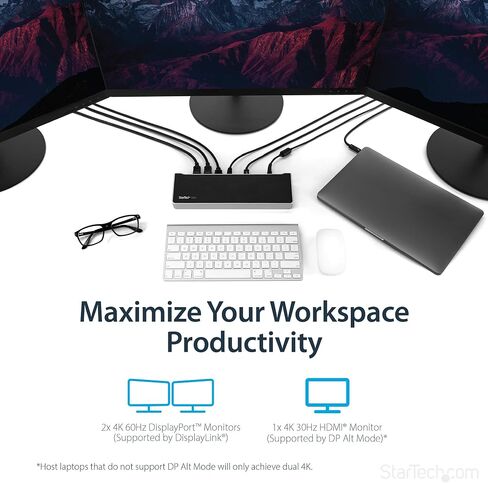 محطة إرساء الكمبيوتر المحمول العالمية StarTech.com، قاعدة توصيل USB-C/USB-A هجينة، Dual 4K DP/HDMI، 60 وات PD، Mac/Windows/Chrome OS، NIC in Kuwait