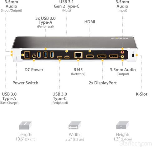 محطة إرساء الكمبيوتر المحمول العالمية StarTech.com، قاعدة توصيل USB-C/USB-A هجينة، Dual 4K DP/HDMI، 60 وات PD، Mac/Windows/Chrome OS، NIC in Kuwait