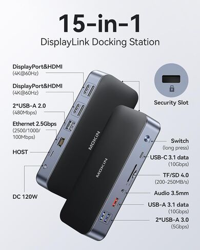 محطة إرساء الكمبيوتر المحمول DisplayLink بشاشة مزدوجة، قاعدة USB C بقوة 120 وات، محطة إرساء USB C مع 2 HDMI، 2 DisplayPort، 2.5 جيجابت في الثانية إيثرنت، USB 3.1/3.0/2.0، SD/TF لجهاز MacBook Pro/Air/Dell/HP/Lenovo in Kuwait