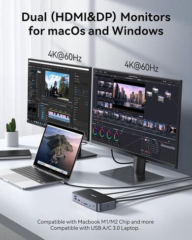 محطة إرساء الكمبيوتر المحمول DisplayLink بشاشة مزدوجة، قاعدة USB C بقوة 120 وات، محطة إرساء USB C مع 2 HDMI، 2 DisplayPort، 2.5 جيجابت في الثانية إيثرنت، USB 3.1/3.0/2.0، SD/TF لجهاز MacBook Pro/Air/Dell/HP/Lenovo in Kuwait