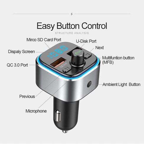 جهاز إرسال راديو FM يعمل بالبلوتوث للسيارة مع شاحن ومستقبل الصوت ومحول ولاعة السجائر ومشغل الموسيقى ومجموعة السيارة بدون استخدام اليدين لهواتف iPhone وسامسونج وأندرويد المحمولة in Kuwait