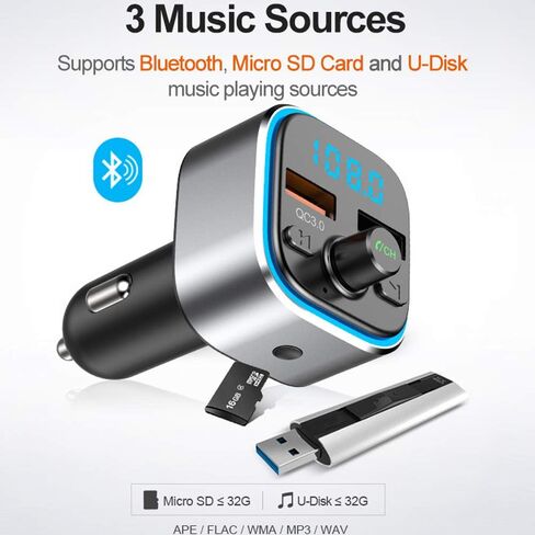 جهاز إرسال راديو FM يعمل بالبلوتوث للسيارة مع شاحن ومستقبل الصوت ومحول ولاعة السجائر ومشغل الموسيقى ومجموعة السيارة بدون استخدام اليدين لهواتف iPhone وسامسونج وأندرويد المحمولة in Kuwait