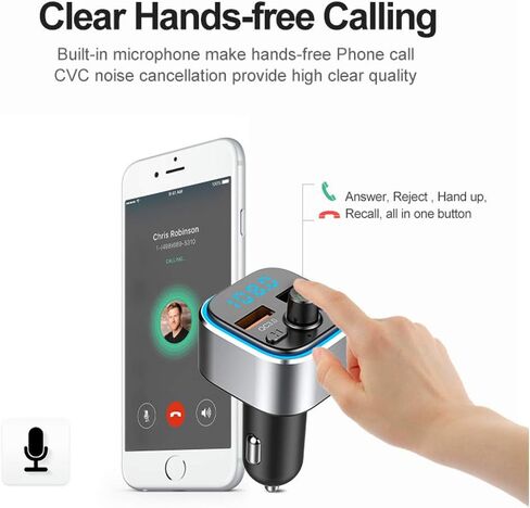 جهاز إرسال راديو FM يعمل بالبلوتوث للسيارة مع شاحن ومستقبل الصوت ومحول ولاعة السجائر ومشغل الموسيقى ومجموعة السيارة بدون استخدام اليدين لهواتف iPhone وسامسونج وأندرويد المحمولة in Kuwait