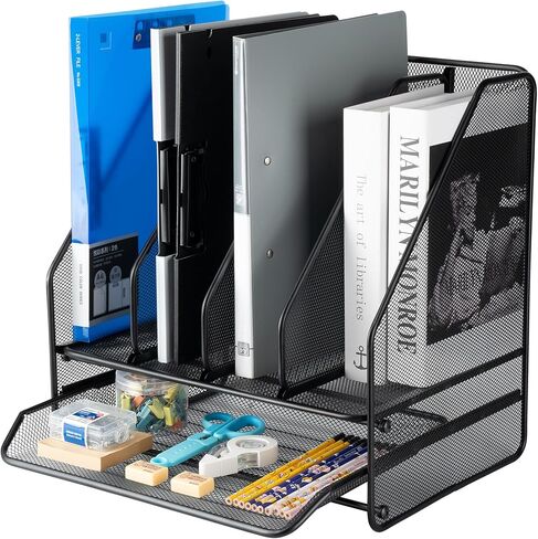 حامل ملفات مجلة منظم مكتب شبكي، مع 4 رفوف عمودية وحجرة سفلية واحدة، منظمات مكتبية وإكسسوارات للمكتب المنزلي، أسود in Kuwait