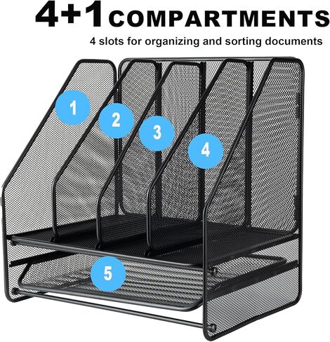 حامل ملفات مجلة منظم مكتب شبكي، مع 4 رفوف عمودية وحجرة سفلية واحدة، منظمات مكتبية وإكسسوارات للمكتب المنزلي، أسود in Kuwait