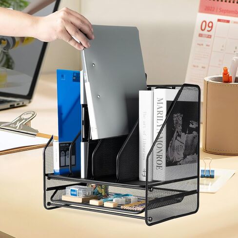 حامل ملفات مجلة منظم مكتب شبكي، مع 4 رفوف عمودية وحجرة سفلية واحدة، منظمات مكتبية وإكسسوارات للمكتب المنزلي، أسود in Kuwait
