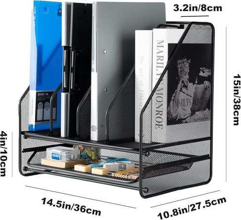 حامل ملفات مجلة منظم مكتب شبكي، مع 4 رفوف عمودية وحجرة سفلية واحدة، منظمات مكتبية وإكسسوارات للمكتب المنزلي، أسود in Kuwait